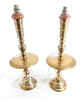 Pair of Electrified Oriental Brass Candlesticks