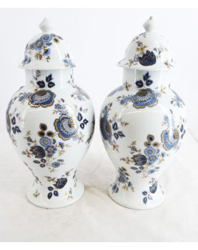LIMOGES Paire de Pots Couverts Vases Décor Fleurs Bleues
