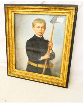 Large Pastel Young Man with a Rake Signed 1892