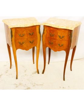 Pair of Inlaid Rosewood Bedside Tables 2 Drawers with Marble Top and Curved Feet