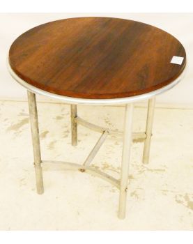 Pedestal table with aluminum base and wooden top