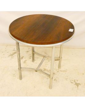 Pedestal table with aluminum base and wooden top