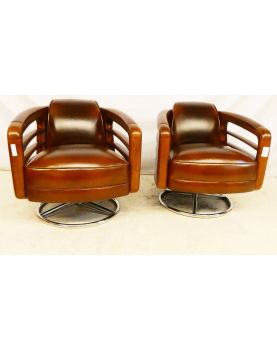 Pair of Vintage Leather Swivel Club Armchairs