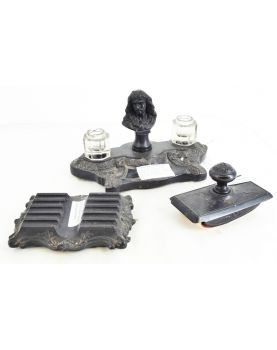 Set of 3 Pieces Empire Inkwell in Blackened Wood