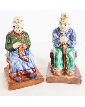 BAVENT Pair of Norman Couple Bookends in Polychrome Enameled Terracotta