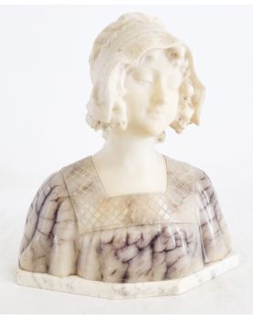 Buste de Femme en Albâtre et Socle en Marbre Signature à Identifier