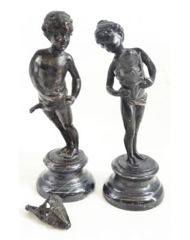 Paire de Miniatures Enfants en Bronze sur Socle en Marbre