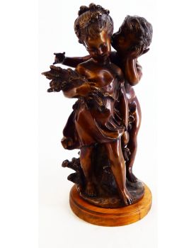 Bronze Sculpture of a Couple of Children on a Wooden Base