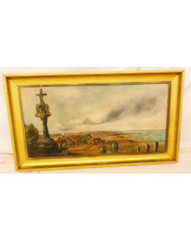Large Oil on Canvas Breton Seaside and Calvary by SICCARD