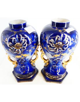 Pair of Blue Earthenware Vases with Gold Accents