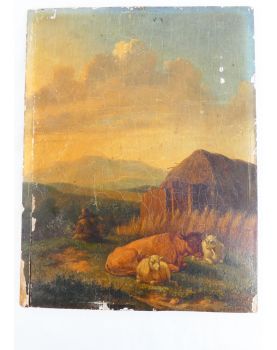 Ancienne Huile sur Panneau Décor de Vache dans les Près