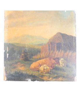 Ancienne Huile sur Panneau Décor de Vache dans les Près