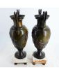 Paire de Vases en Régule Décor Antique sur Socle en Marbre