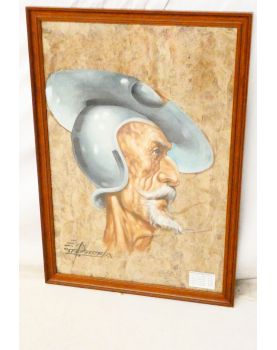 Portrait Don Quixote Signed Mixed Technique Oil and Watercolor
