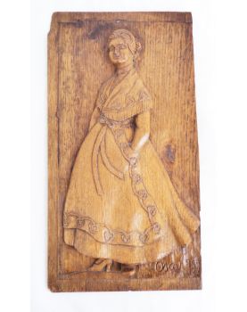 Carved Wooden Panel Decorated with a Woman in Relief Signed OSCAR