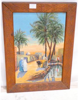 Large Orientalist Oil on Canvas Carved Wood Frame