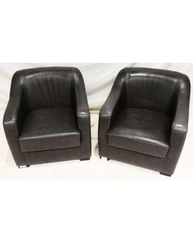 Paire de Fauteuils en Cuir Gris Anthracite