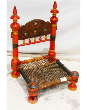 Chaise en Bois Polychrome Éthnique Assise Cannée et Tressée