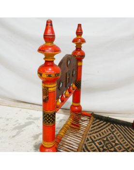 Ethnic Polychrome Wooden Chair with Caned and Woven Seat