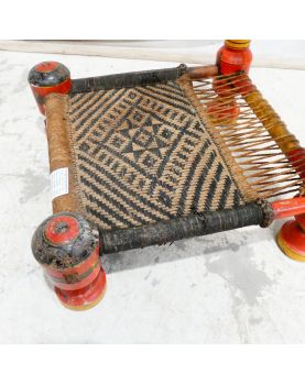 Ethnic Polychrome Wooden Chair with Caned and Woven Seat