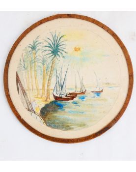 Aquarelle Miniature Ronde Décor Navires et Palmiers