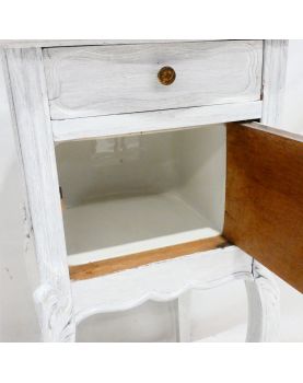 Chevet 1 Porte 1 Tiroir Style Louis XV Pied Galbés avec Corniche Patiné Blanc