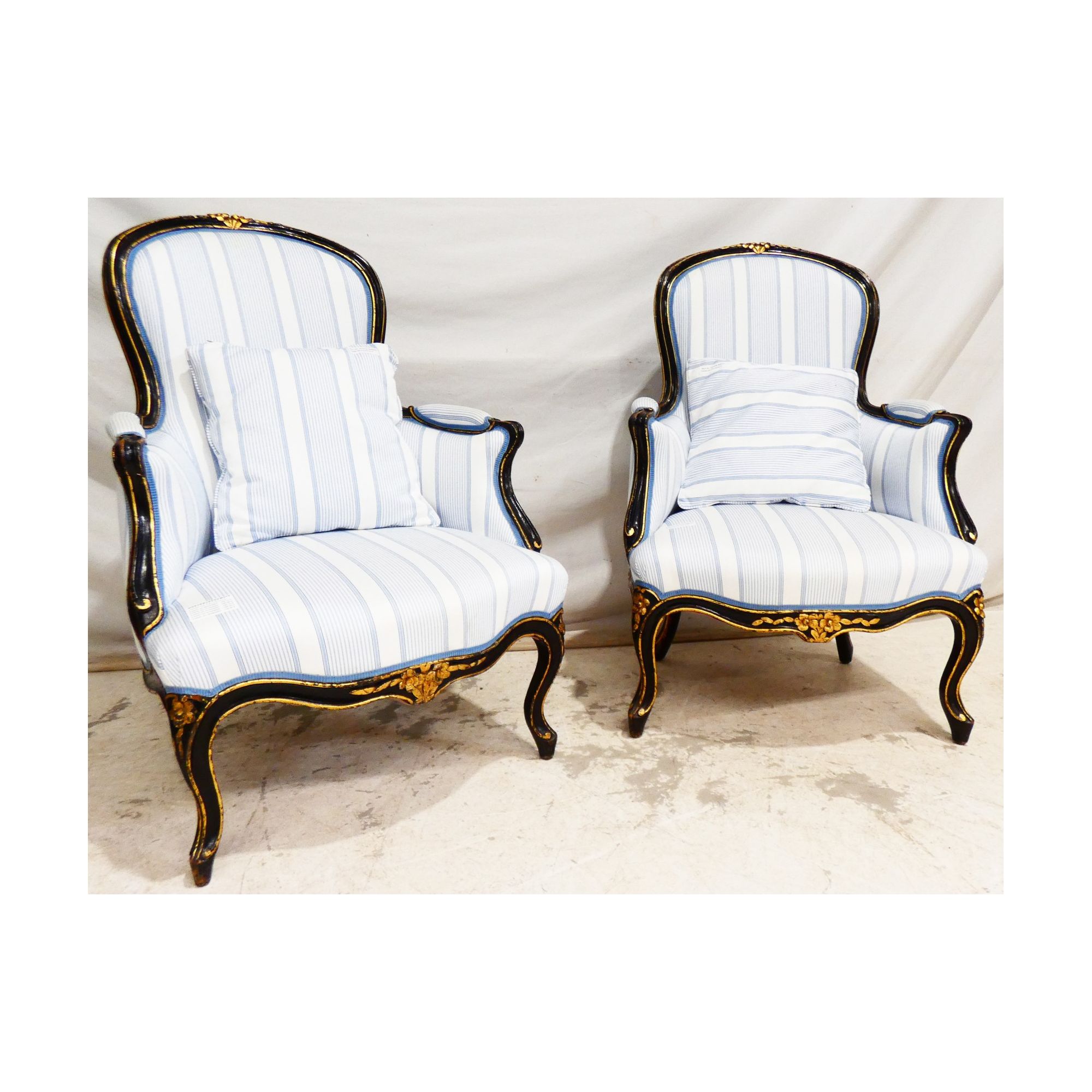 Pair of Napoleon III Louis XV Style Armchairs in Blackened and Gilded Wood with Cushions Pair of Napoleon III Louis XV Style Armchairs in Blackened and Gilded Wood with Cushions