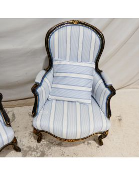 Paire de Fauteuils Napoléon III Style Louis XV en Bois Noirci et Doré avec Coussins