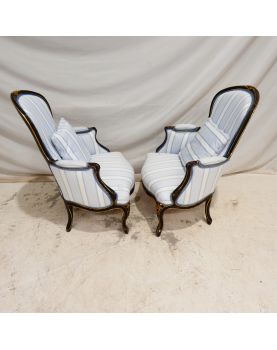 Paire de Fauteuils Napoléon III Style Louis XV en Bois Noirci et Doré avec Coussins