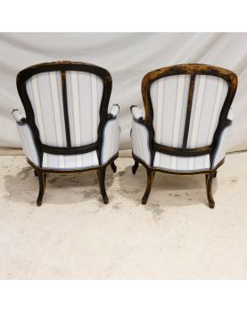 Paire de Fauteuils Napoléon III Style Louis XV en Bois Noirci et Doré avec Coussins