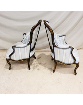 Paire de Fauteuils Napoléon III Style Louis XV en Bois Noirci et Doré avec Coussins