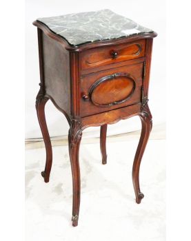 Bedside table with 1 door and 1 drawer, Louis XV style, marble top, curved legs