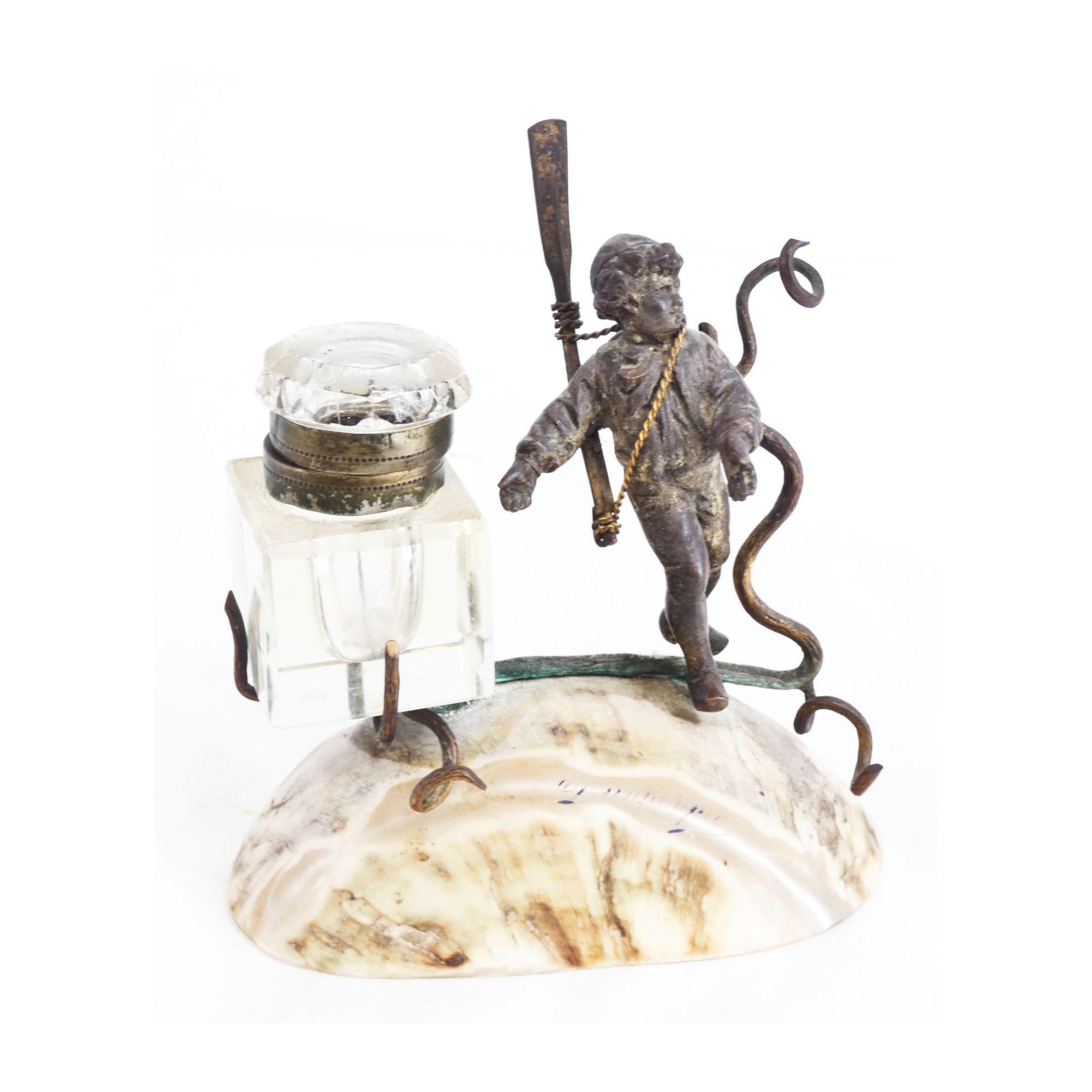 Small Spelter Inkwell with Marine Decor Small Spelter Inkwell with Marine Decor