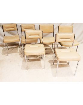 Série de 6 Chaises Années 70 Ossature Chromé et Cuir Beige