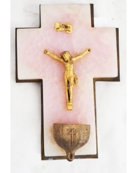 Small Holy Water Font in Pink Stone and Brass