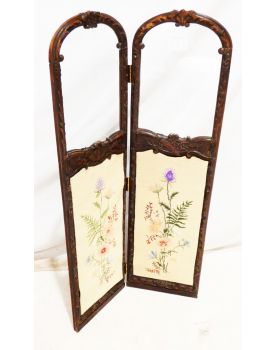 Petit Paravent en Bois Sculpté avec 2 Volets Vitrés et Tapisserie Napoléon III