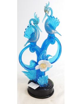 Grand Sujet Couple d’Oiseaux Bleus en Verre Soufflé Attribuée à Murano