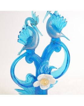 Large Subject Pair of Blue Birds in Blown Glass Attributed to Murano