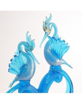 Large Subject Pair of Blue Birds in Blown Glass Attributed to Murano