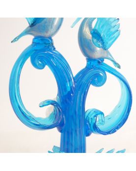 Large Subject Pair of Blue Birds in Blown Glass Attributed to Murano