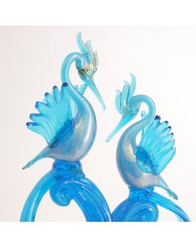 Large Subject Pair of Blue Birds in Blown Glass Attributed to Murano