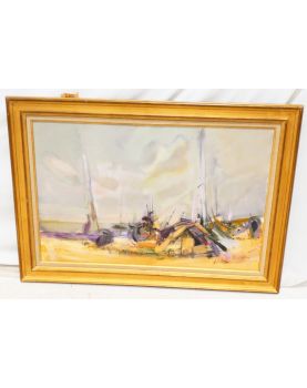 Grande Huile sur Toile Décor Bateaux à Marée Basse Signé PODEVIN