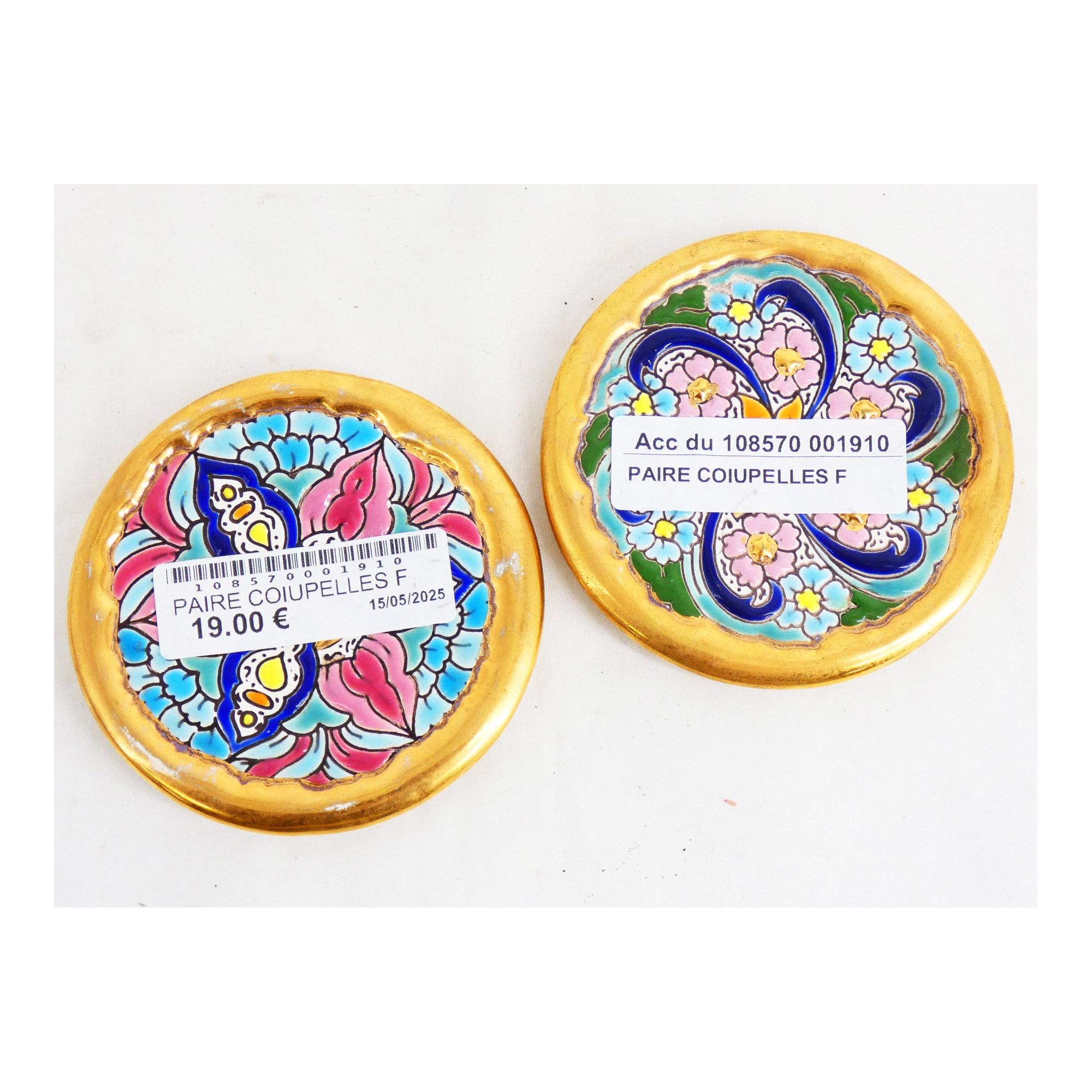 Pair of Spanish Earthenware Coasters/Bowls with Floral Decor Pair of Spanish Earthenware Coasters/Bowls with Floral Decor