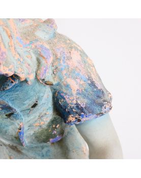 Sujet Fillette à la Poupée en Terre Cuite Bleue Signée