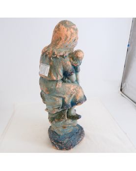 Sujet Fillette à la Poupée en Terre Cuite Bleue Signée