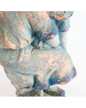 Sujet Fillette à la Poupée en Terre Cuite Bleue Signée