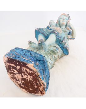 Sujet Fillette à la Poupée en Terre Cuite Bleue Signée