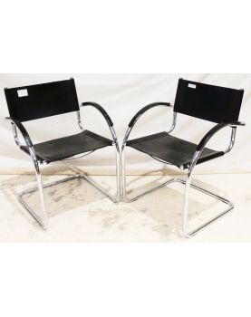 Pair of Black Leather Armchairs with Metal Frame in the Style of Mateo Grassi