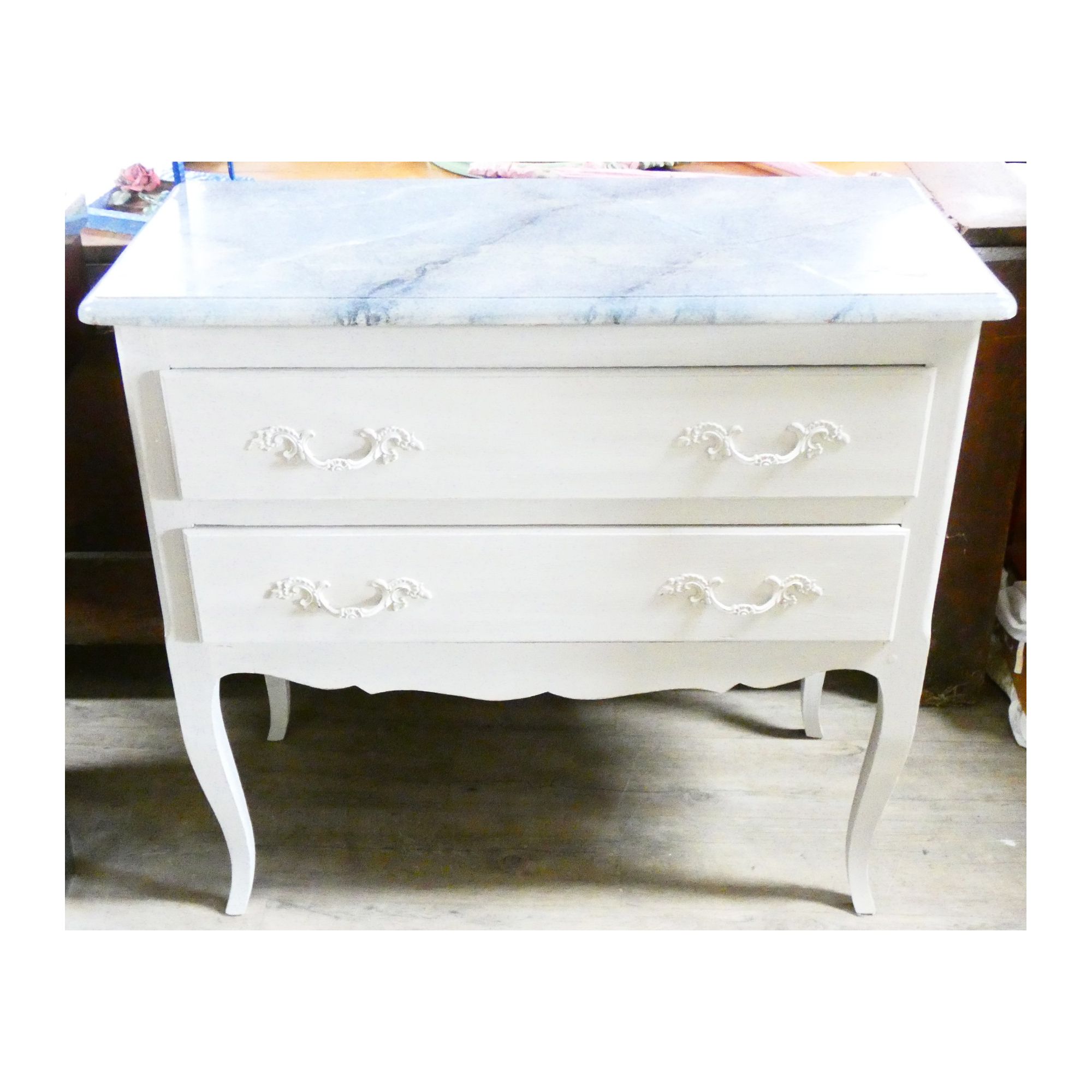 Petite Commode 2 Tiroirs Relookée Plateau Imitation Marbre Petite Commode 2 Tiroirs Relookée Plateau Imitation Marbre