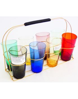 Set of 8 Vintage Colored Glasses with Gold Basket